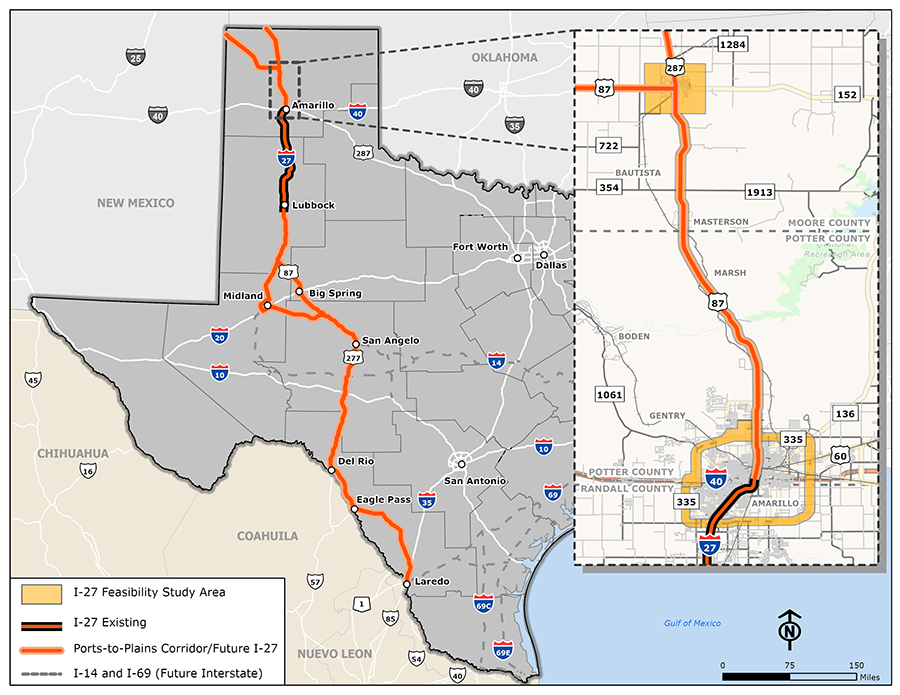 Inset map of I-27 through Amarillo, with larger map of Texas panhandle to Laredo in South Texas. Map of I-27 through Amarillo
